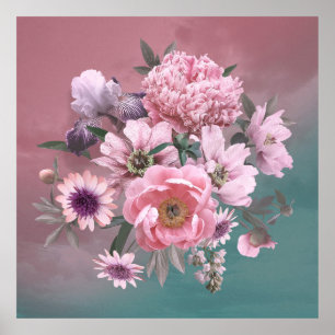 Poster Modèle floral. Belles pivoines de fleurs et iri
