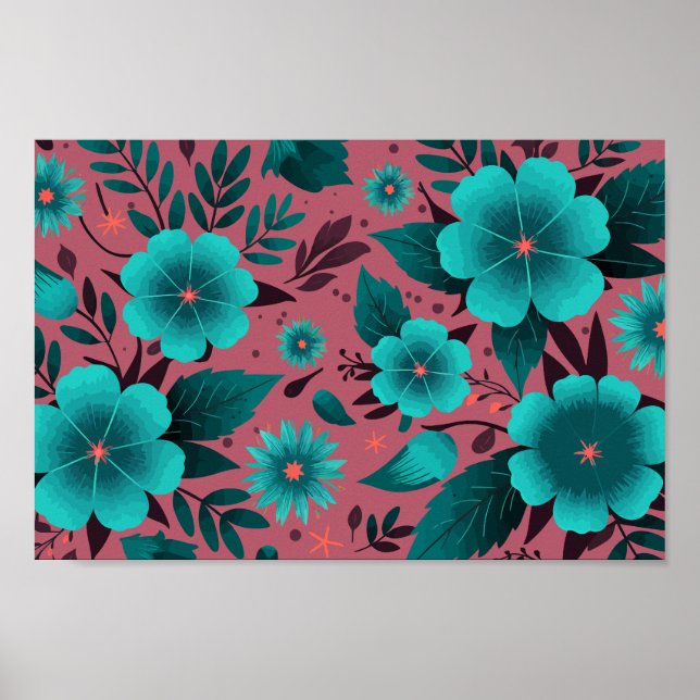 Poster Modèle floral turquoise sur Arrière - plan marron (Devant)