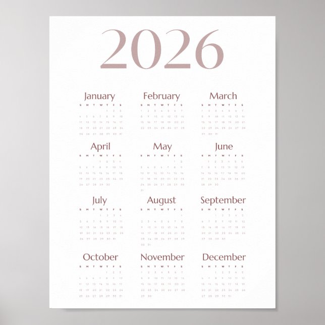 Poster Modern 2026 Minimalist One-Sheet Calendar (Devant)