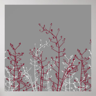 Poster Modern Abstract Elegant Burgundy Flowers on Grey