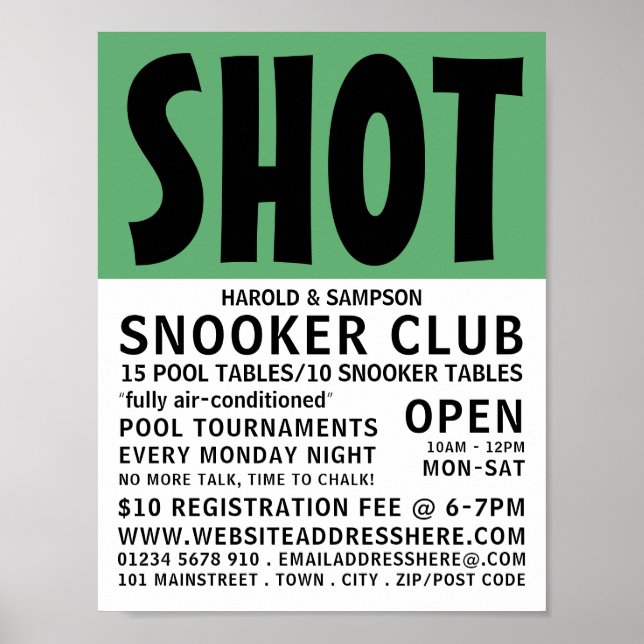 Poster Modern Bold, Pool Club, Snooker Club Publicité (Devant)