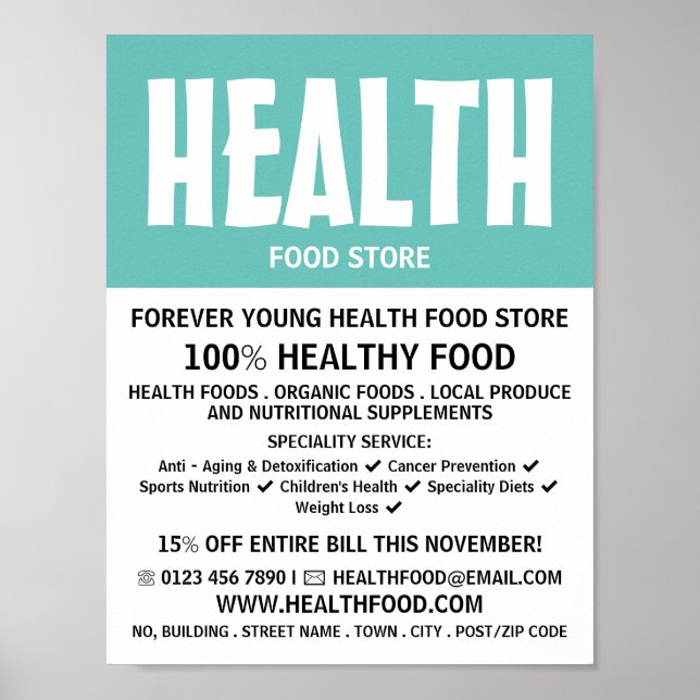 Poster Modern Bold, Santé Food Store Publicité (Devant)
