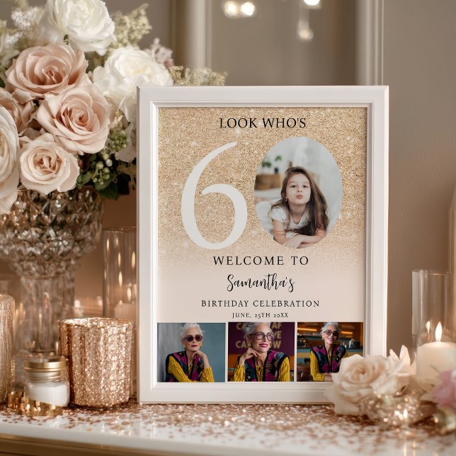 Poster Modern gold glitter 60th Birthday 4 Photo Welcome (Modern gold glitter 60th Birthday 4 Photo Welcome Poster)