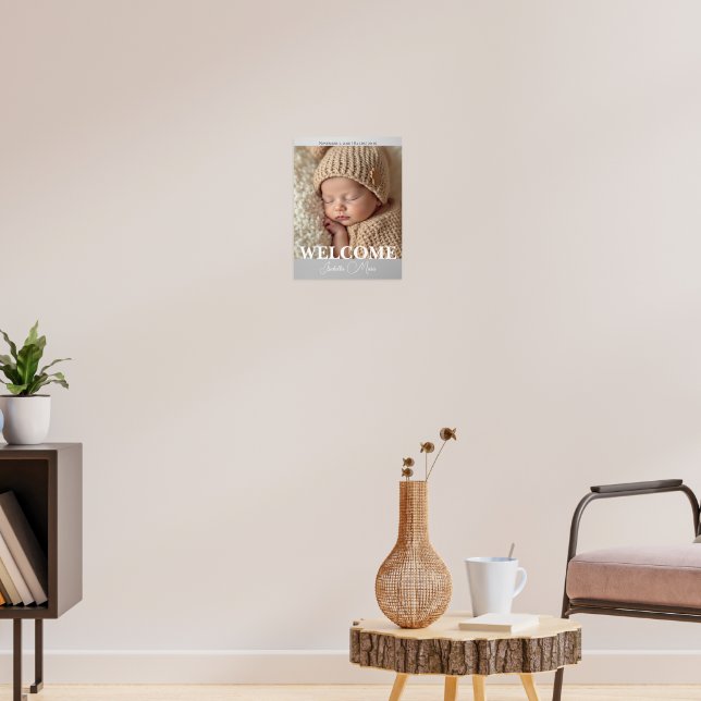 Poster  Modern Grey and White Photo Birth Announcement (Salon 3)