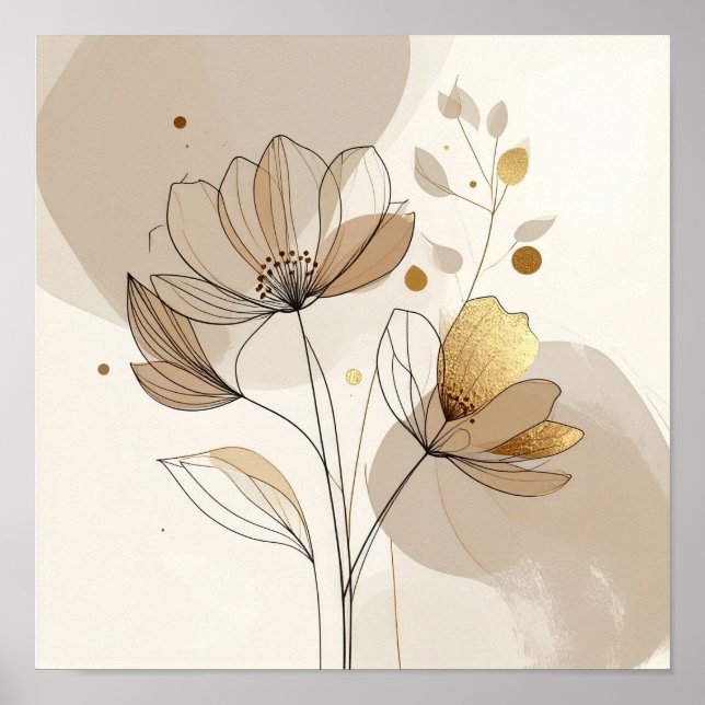 Poster Modern Minimalist Gold Floral Line Art: Abstract B (Devant)