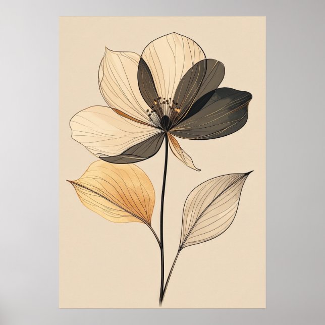 Poster Modern Minimalist Sheer Beige & Gold Floral Botani (Devant)