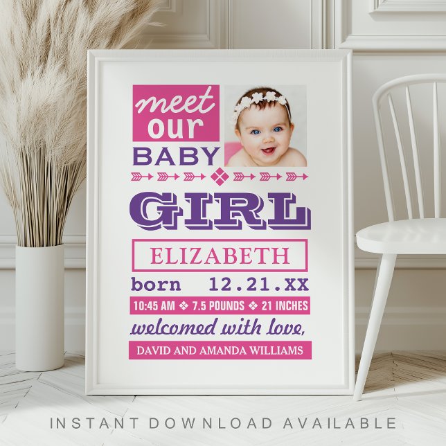 Poster Modern Pink Purple Baby Girl Photo Birth Stats (Créateur téléchargé)