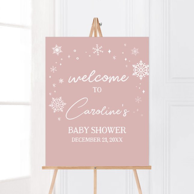 Poster Modern Pink Snowflakes Baby Shower Welcome (Modern Pink Baby It's Cold Outside Baby Shower Welcome Sign)