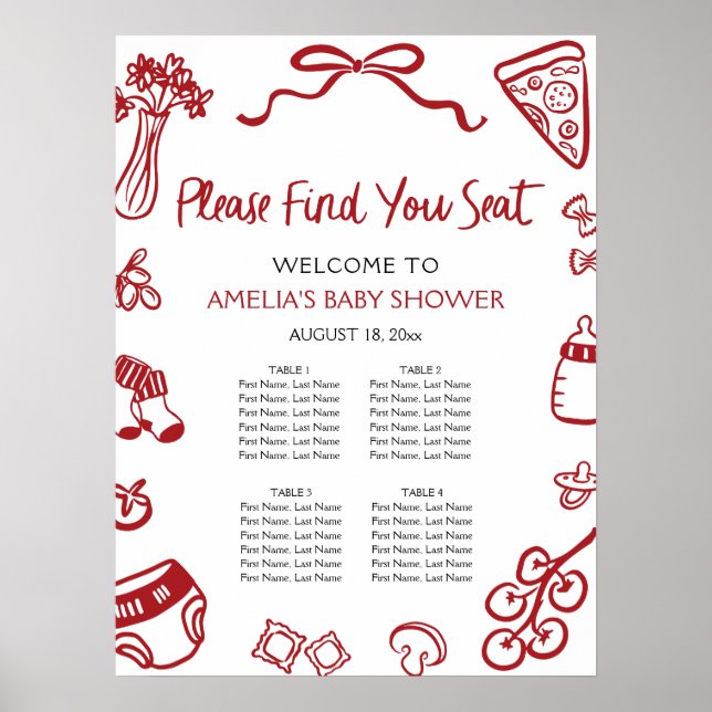 Poster Modern Red Hand Drawn Italian Pizza Seating Chart (Devant)