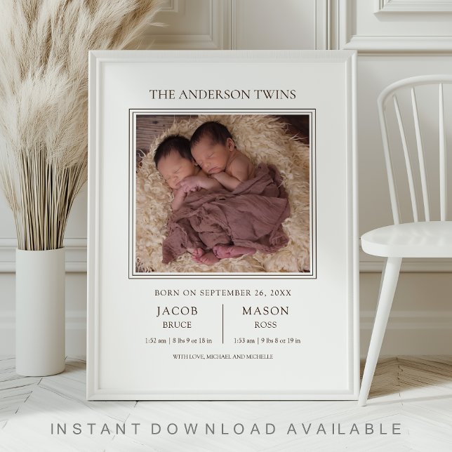 Poster Modern Sweet Twins Photo Birth Announcement (Créateur téléchargé)
