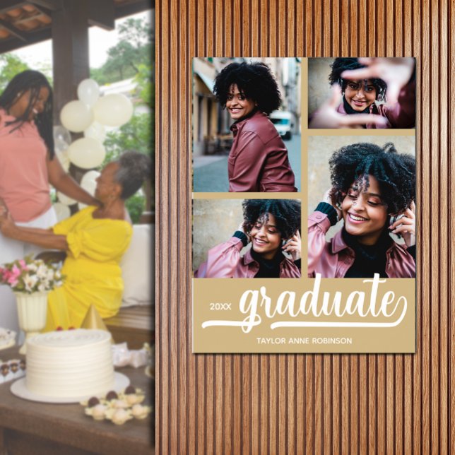 Poster Moderne 4 Photos sur l'or Graduation (Modern 4 photo on gold graduation party poster - PRINTED and/or INSTANT DOWNLOAD)