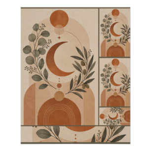 Poster Moderne Boho Croissant de Lune & Branche d'Olivier