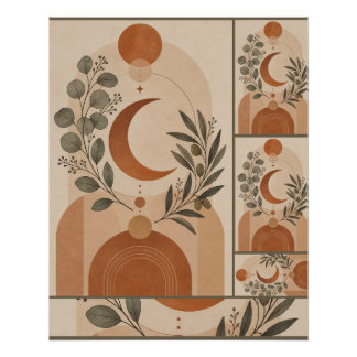 Poster Moderne Boho Croissant de Lune & Branche d'Olivier