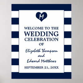 Poster Moderne Chic Marine Bleu et Blanc Mariage Accueil