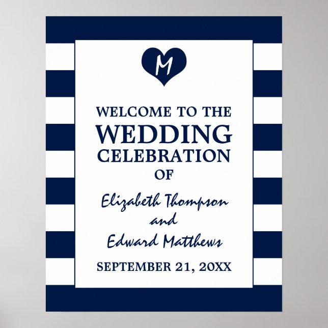 Poster Moderne Chic Marine Bleu et Blanc Mariage Accueil (Devant)