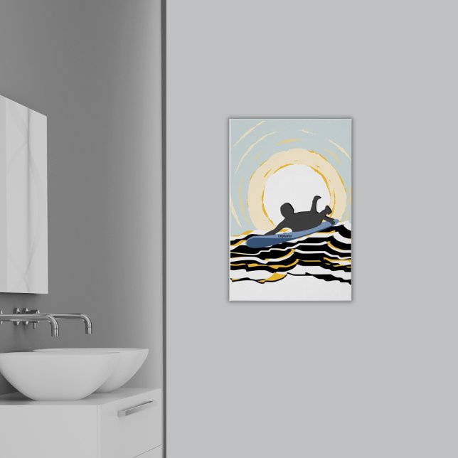 Poster Moderne Du Surfeur De Pagaie Au Soleil (Paddling Surfer at Sunset, Blue and Black Wall Art - Bathroom)