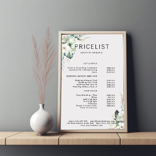 Poster Moderne, élégante fleurs blanches, liste de prix