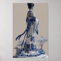 Poster moderne en Porcelaine Bleue et Blanche 3D D