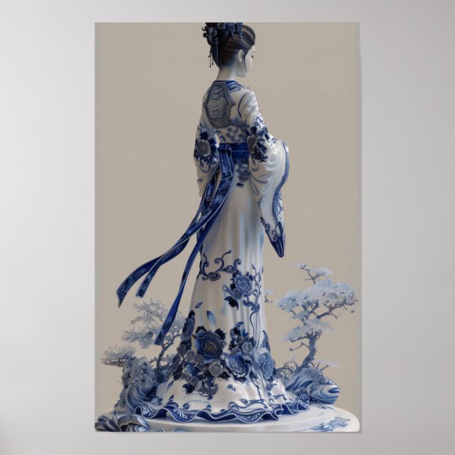 Poster moderne en Porcelaine Bleue et Blanche 3D D (Devant)