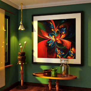 Poster Moderne Floral Abstrait Art Orange Bleu Motif #14