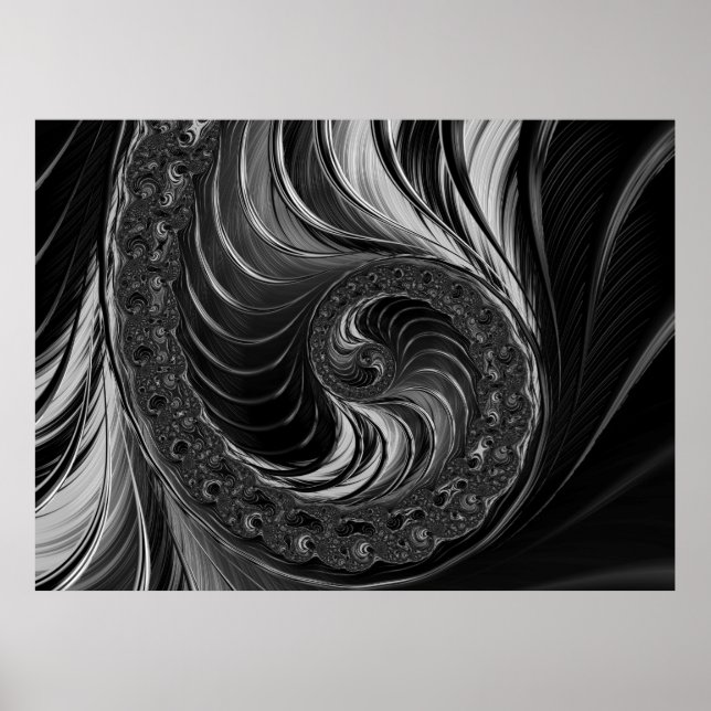 Poster Moderne Fractal noir blanc métal Nautilus Swirl (Devant)