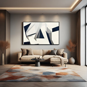 Poster Moderne Géométrique Abstraite Bleu Marine et Blanc