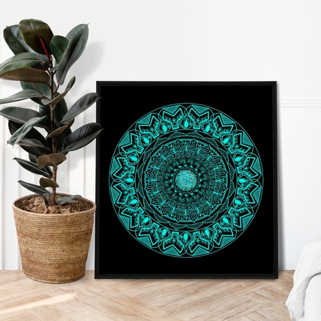 Poster Moderne Mandala Noir Turquoise Élégant (Créateur téléchargé)