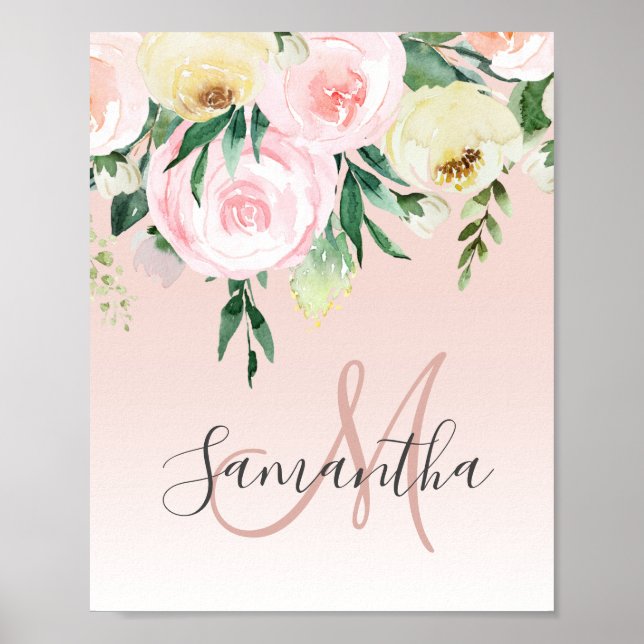 Poster Moderne Pastel Rose & Fleurs Avec Nom (Devant)