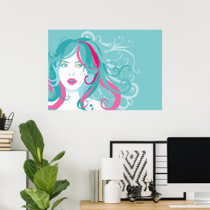 Poster Moderne Pop Art femme Turquoise et rose cheveux