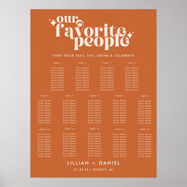 Poster Moderne Retro Orange Mariage 14 Table Seating Char (Devant)