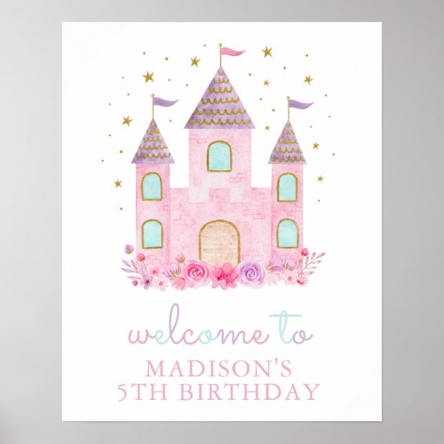 Poster Moderne Rose Gold Princess Castle Accueil d'annive (Devant)
