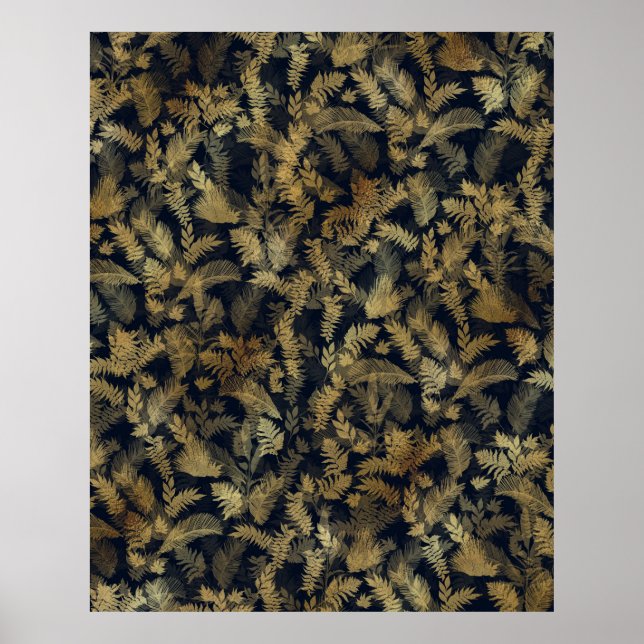 Poster Moderne Tropical Gold Foliage Motif bleu (Devant)