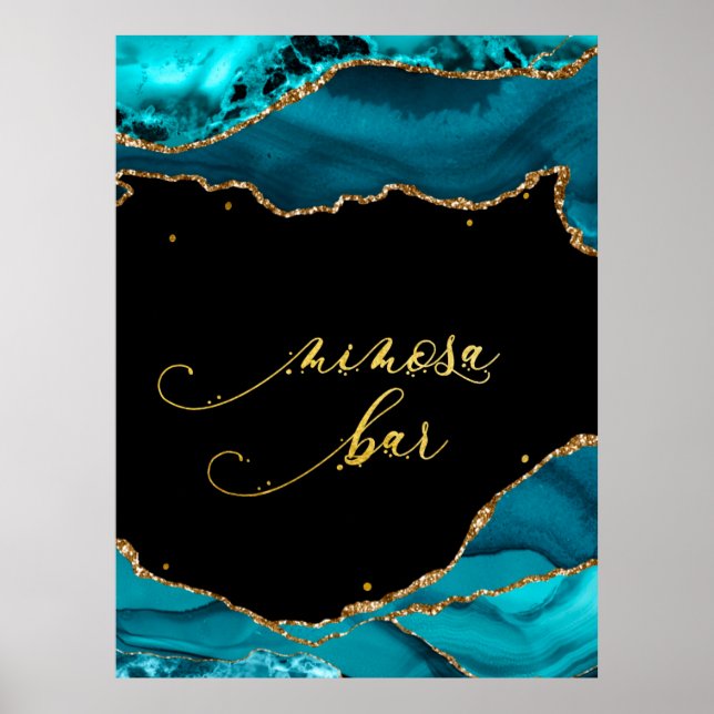 Poster Moderne Turquoise Or Agate Mimosa Bar Mariage (Devant)