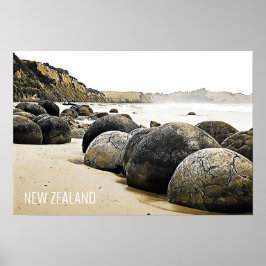 Poster Moeraki Boulders Voyage Nouvelle-Zélande