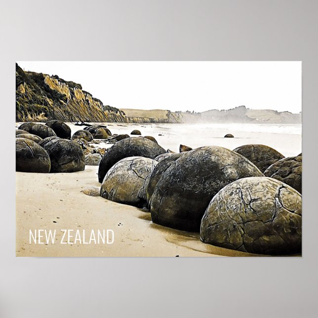 Poster Moeraki Boulders Voyage Nouvelle-Zélande (Devant)