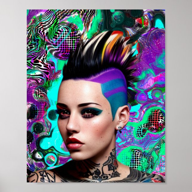 Poster Mohawk Punk Girl Art Abstrait (Devant)