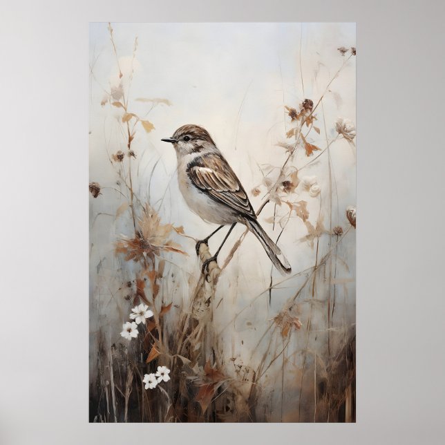 Poster Moineau dans un champ impression, Mur rustique Cot (Devant)