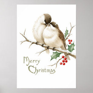 Poster Moineaux sur une branche de Noël