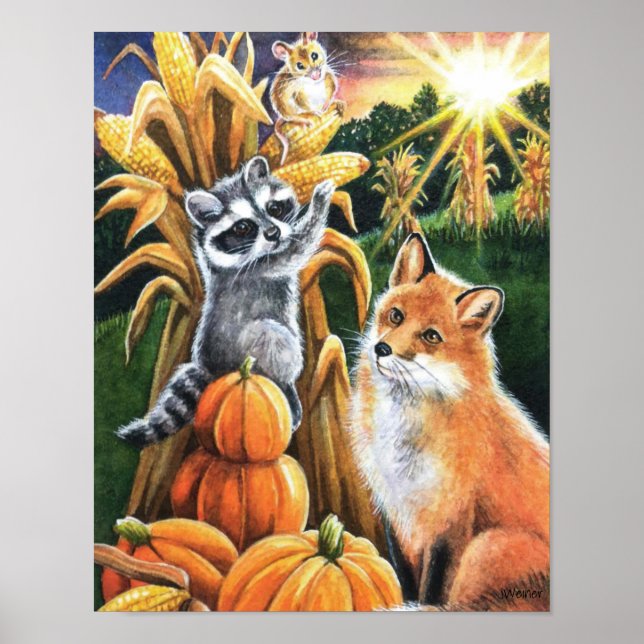 Poster Moisson d'automne Red Fox Raccoon Aquarelle 11x14 (Devant)