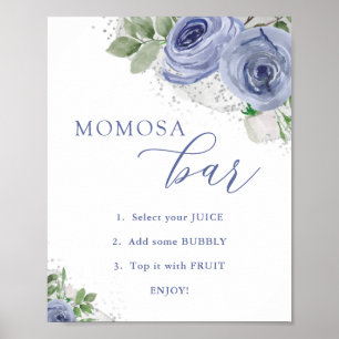 Poster "MOM"osa Bar, Baby shower floral bleu et argent