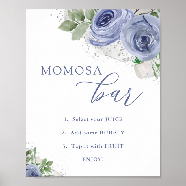 Poster "MOM"osa Bar, Baby shower floral bleu et argent (Devant)