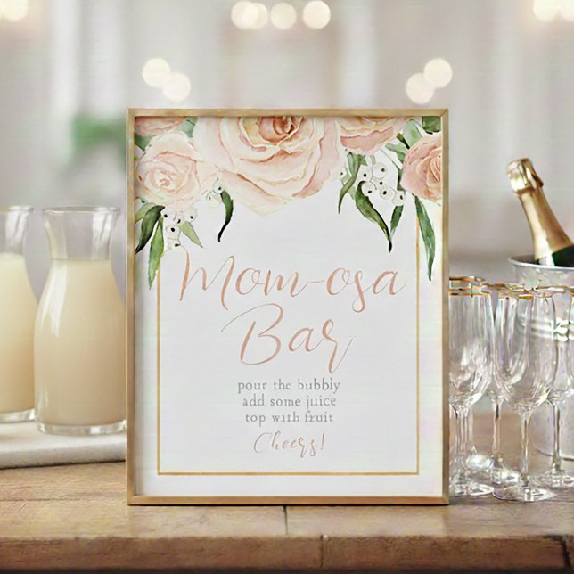 Poster Mom-osa Bar Pink Floral Baby Shower Table Sign (Créateur téléchargé)