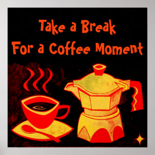 Poster MOMENT CAFÉ /Tasse à café et cafetière rouge jaune