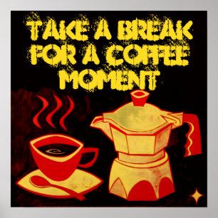 Poster MOMENT CAFÉ /Tasse à café et cafetière rouges jaun