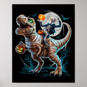 Poster Momie à cheval sur citrouille T Rex dinosaure drôl