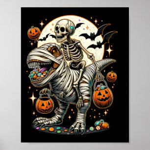 Poster Momie à cheval sur un squelette Dinosaure T Rex En