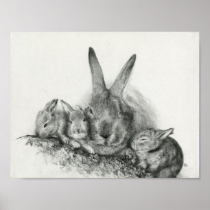 Poster Momma Rabbit Avec Bébé Bunnies Crayon Dessin
