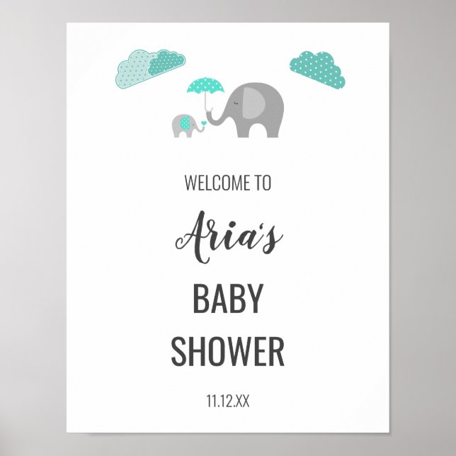 Poster Mommy Baby Elephant Nuages Baby shower Bienvenue (Devant)