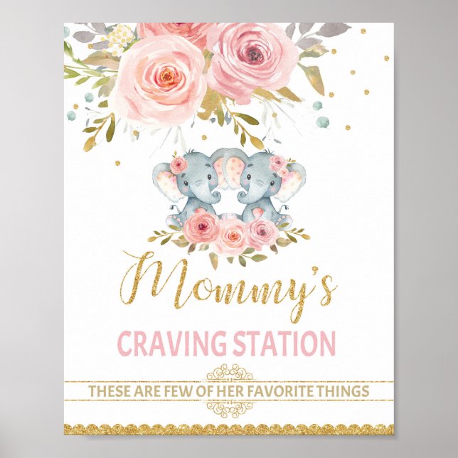 Poster Mommy's Craving Station Elephant Twins Baby shower (Devant)