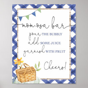 Poster Momosa bar blue white gingham picnic baby shower